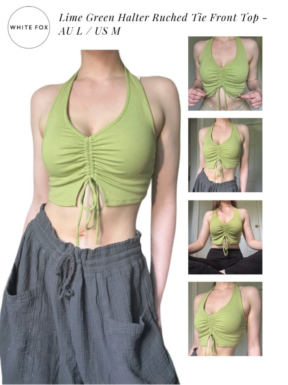 White Fox Lime Green Halter Ruched Tie Front Top - AU L / US M